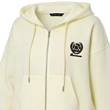 Beige fleece pullover with a black zipper on a white background