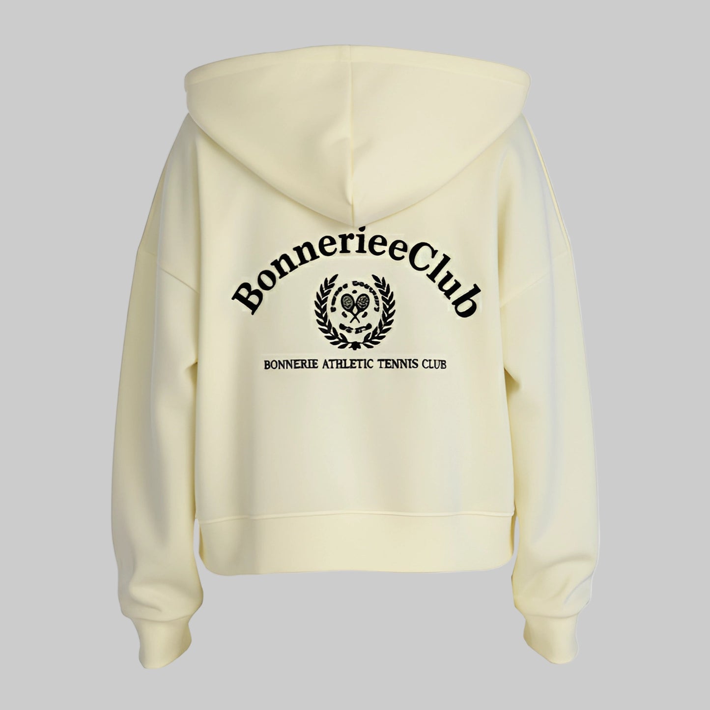 hoodie with 'Bonnerie Club' logo on the back against a white background