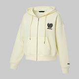 hoodie with a logo on the chest and brand name on the sleeve against a white background