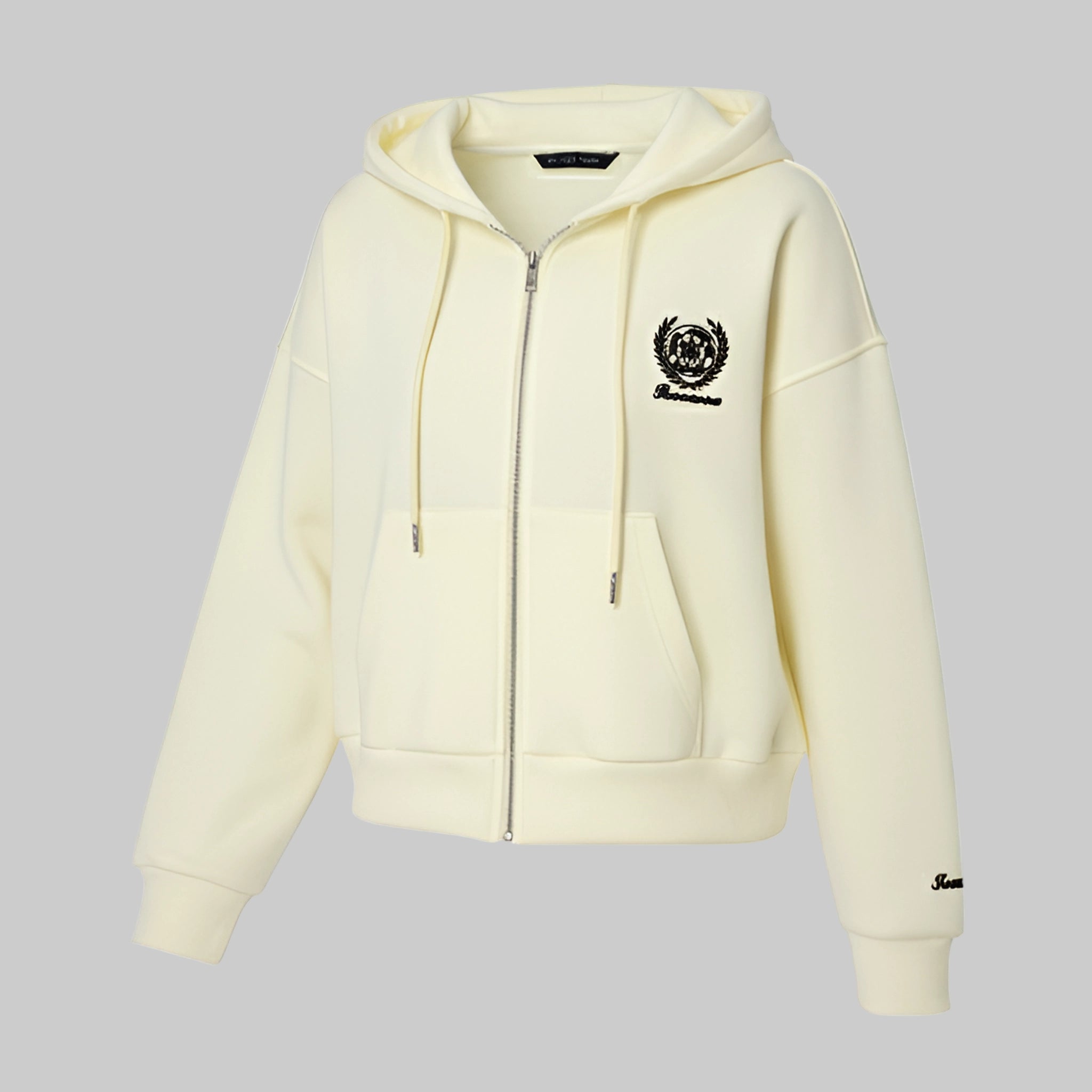 hoodie with a logo on the chest and brand name on the sleeve against a white background