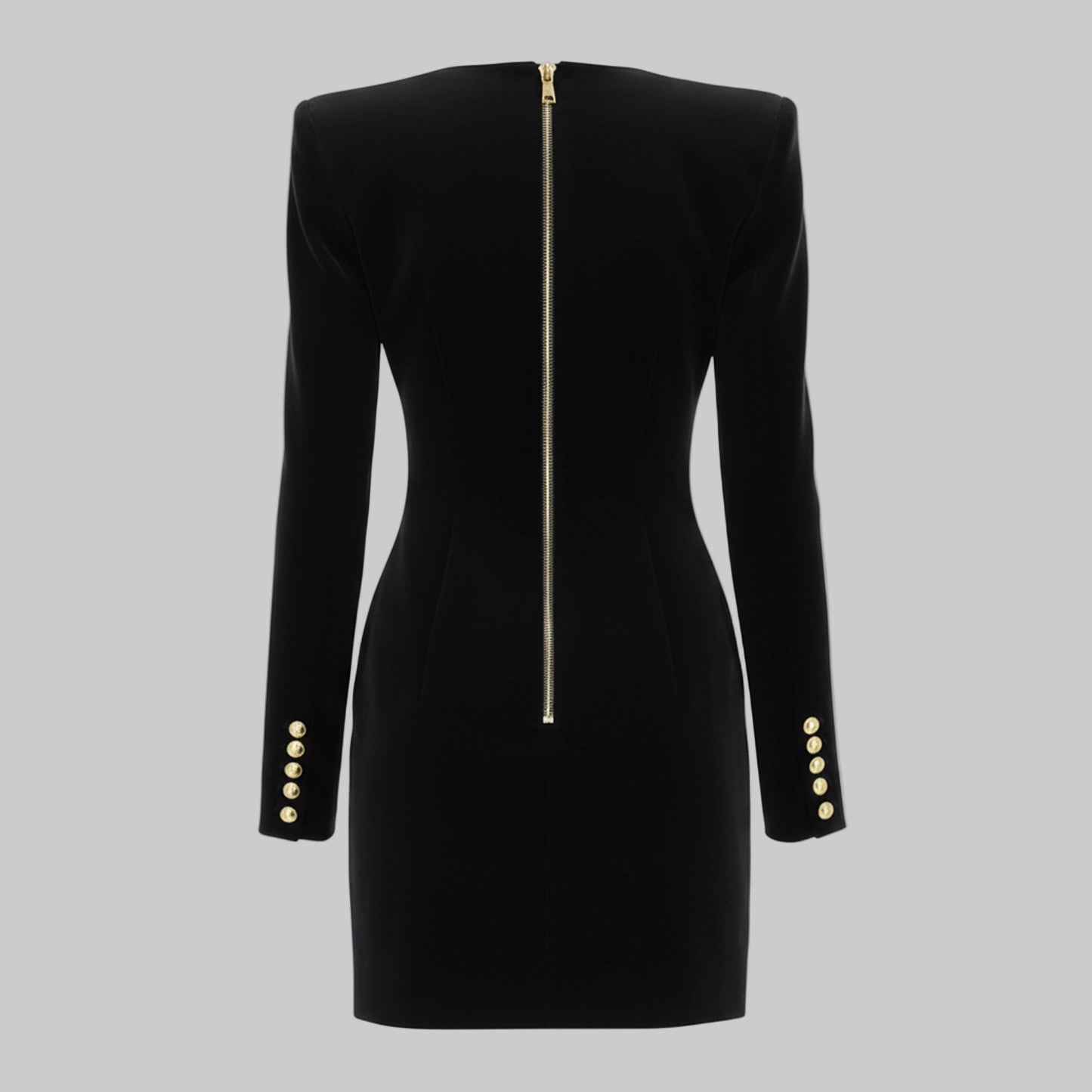 Black dress with gold buttons and zipper on a gray background