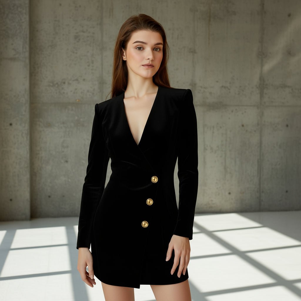 Black blazer dress with gold buttons worn by a model on a gray background