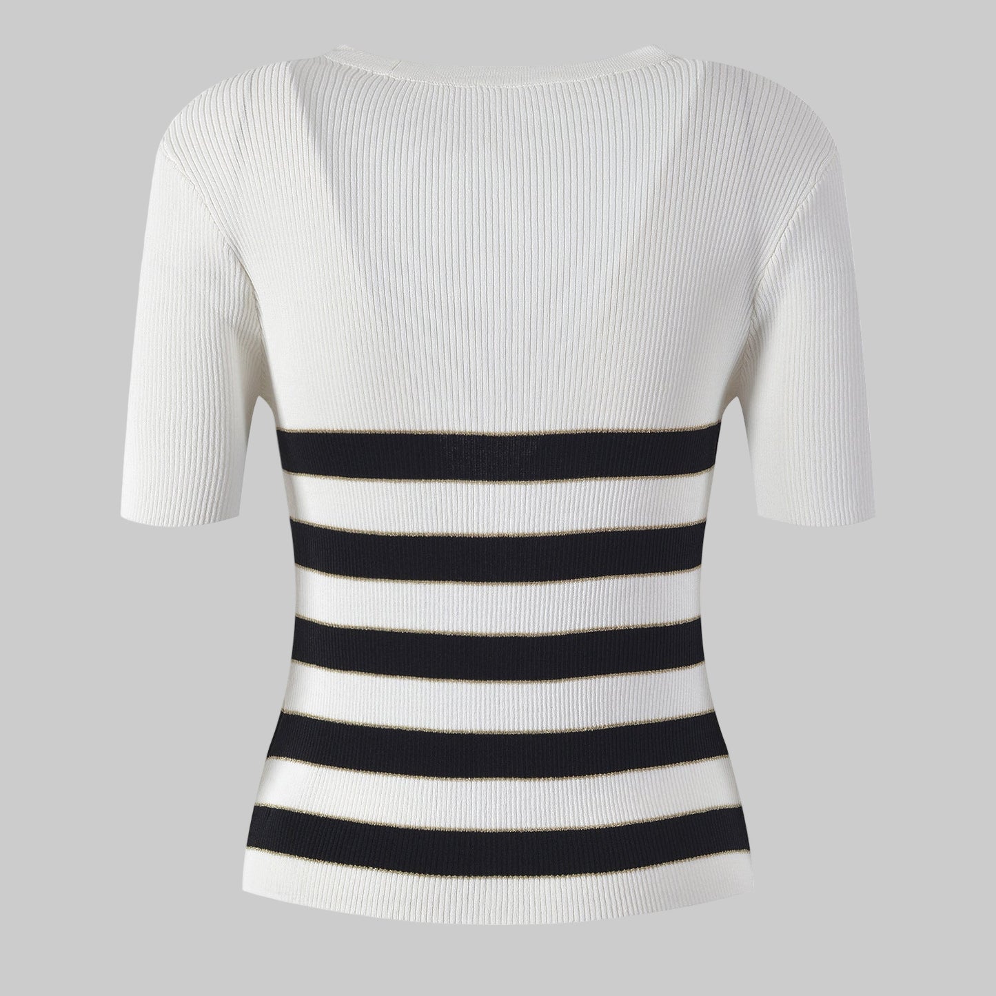 White ribbed knit top with black and white striped pattern on a white background