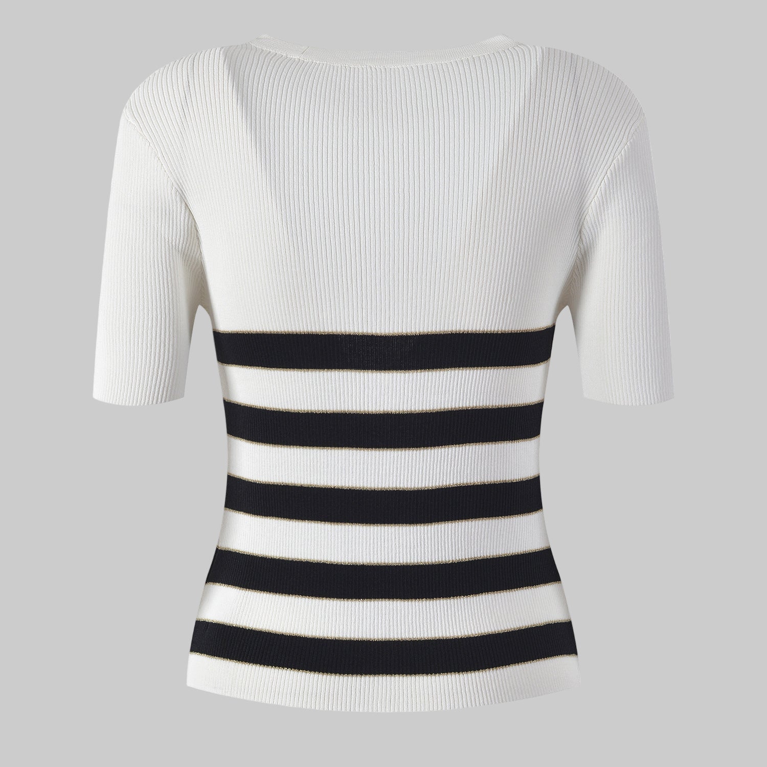 White ribbed knit top with black and white striped pattern on a white background