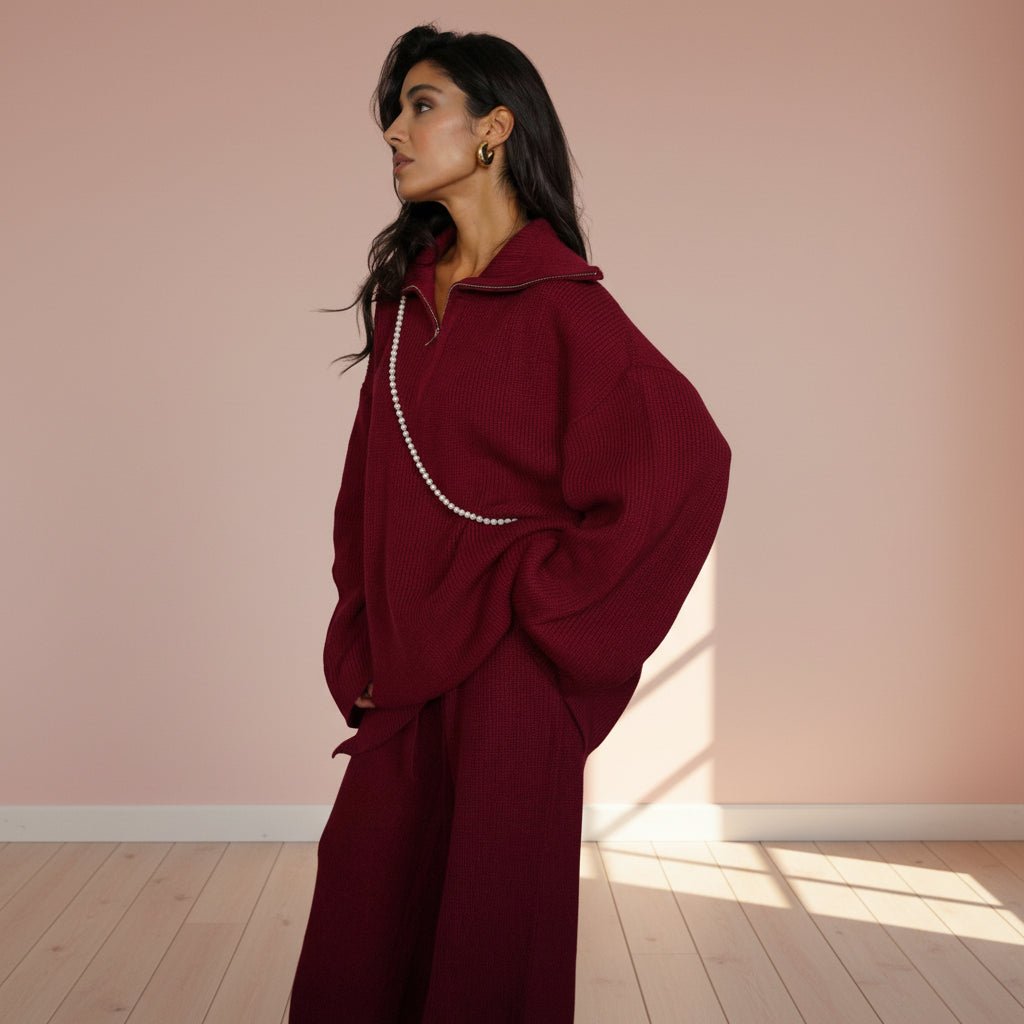 Woman wearing a burgundy outfit with a pearl necklace on a plain background