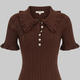 Brown ribbed blouse with ruffled collar on a white background