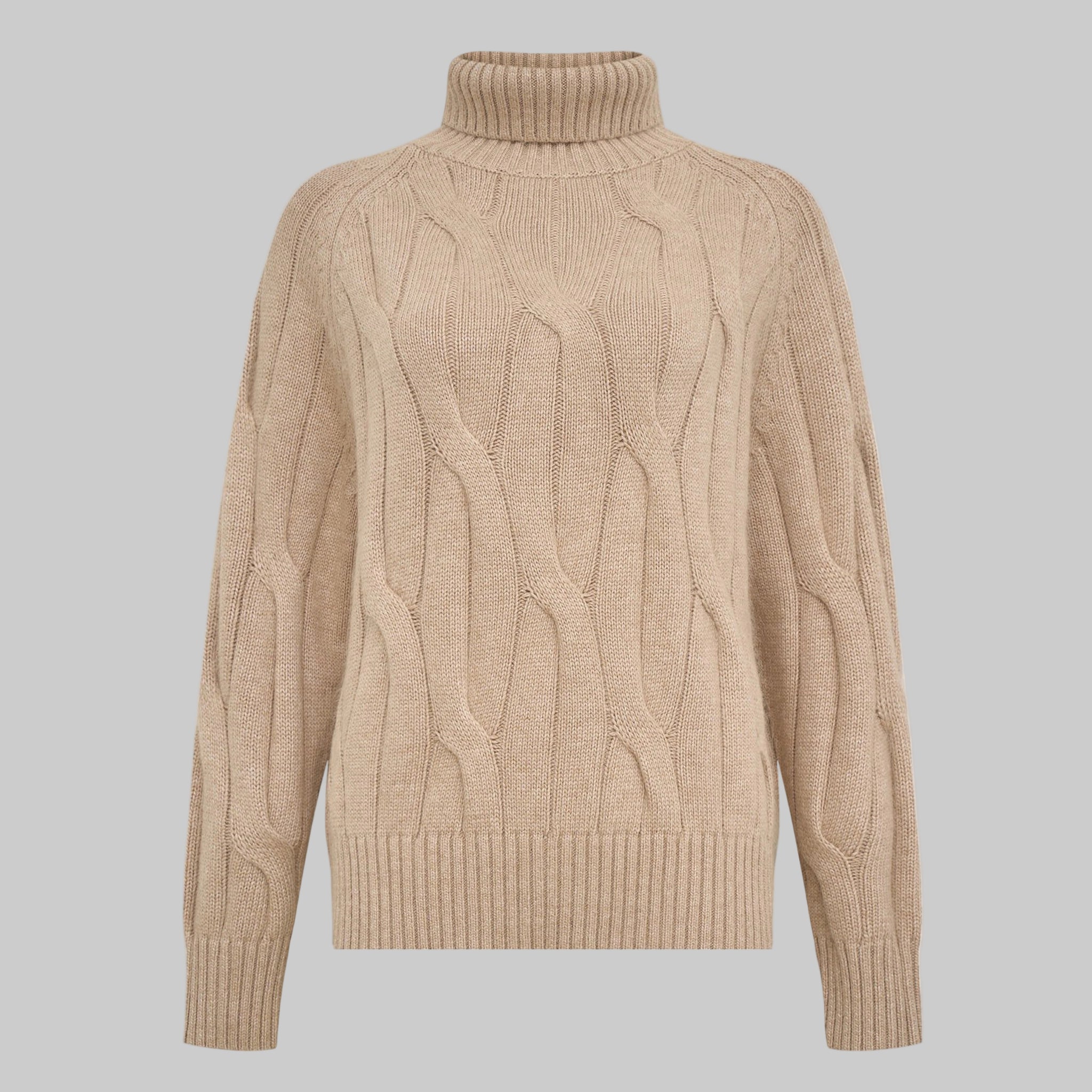 Beige cable knit sweater on a light gray background