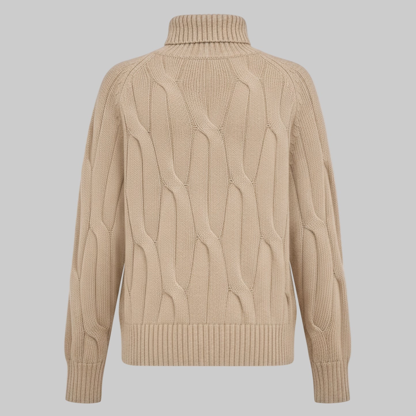 Beige cable knit sweater on a light gray background