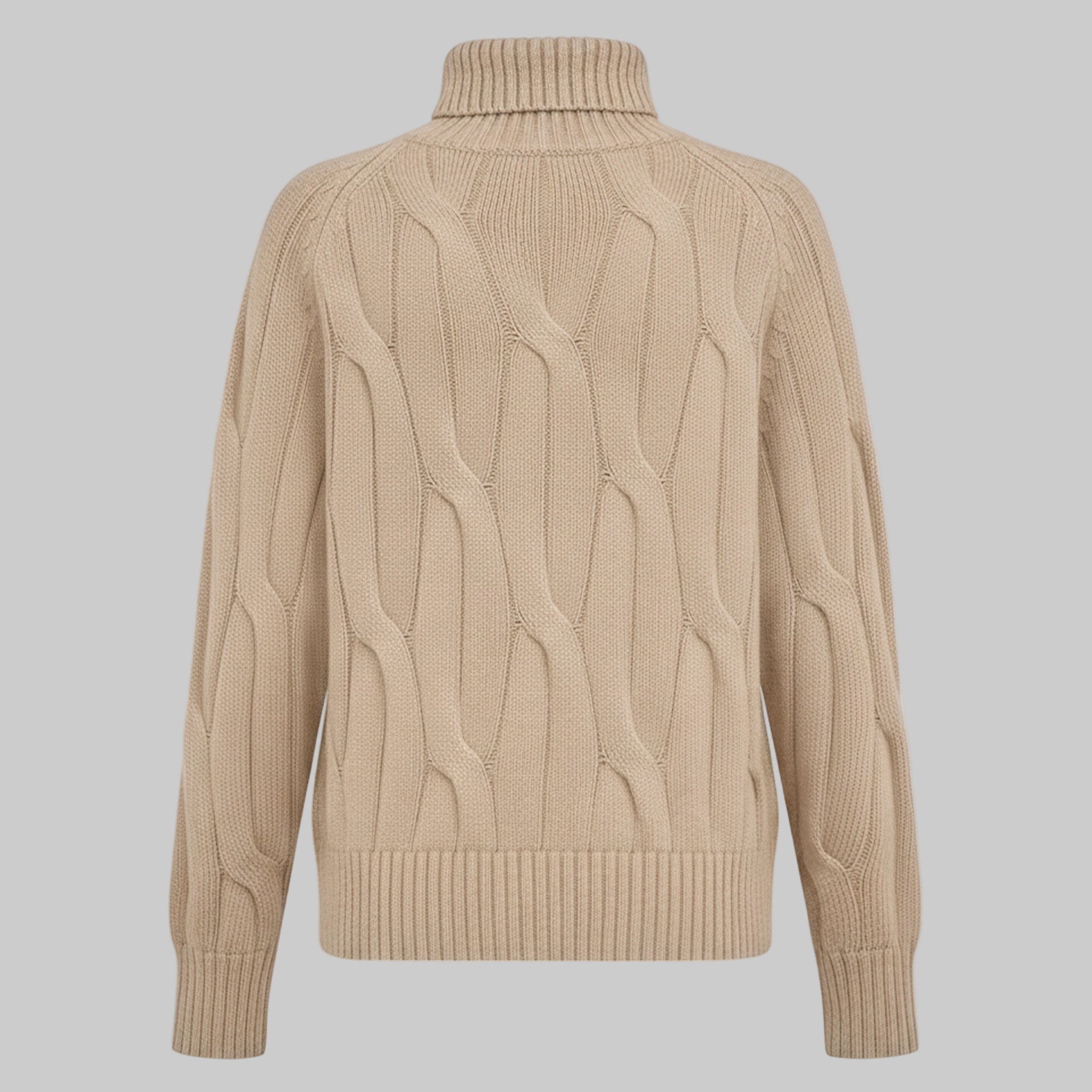 Beige cable knit sweater on a light gray background