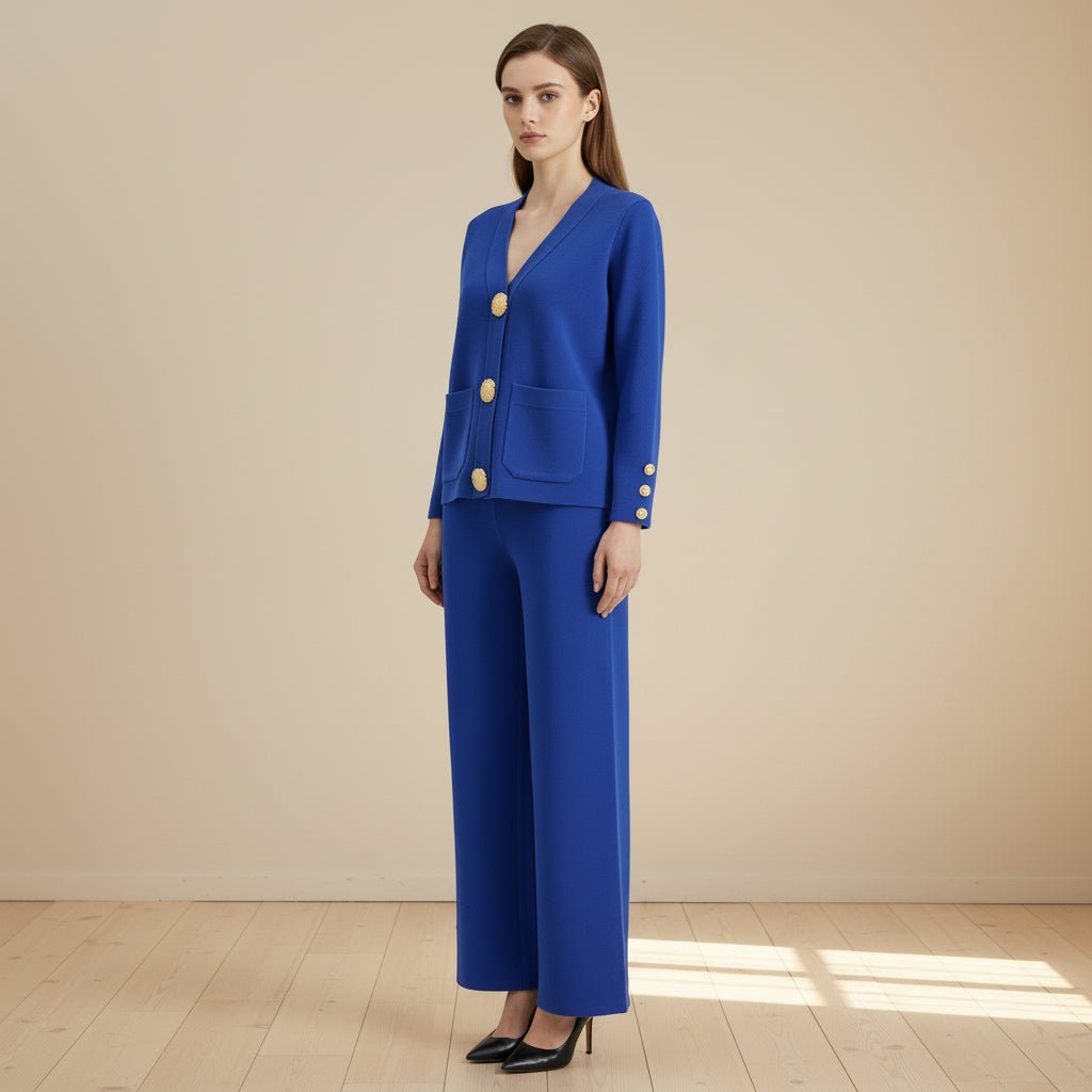 Woman wearing a blue suit with gold buttons on a gray background