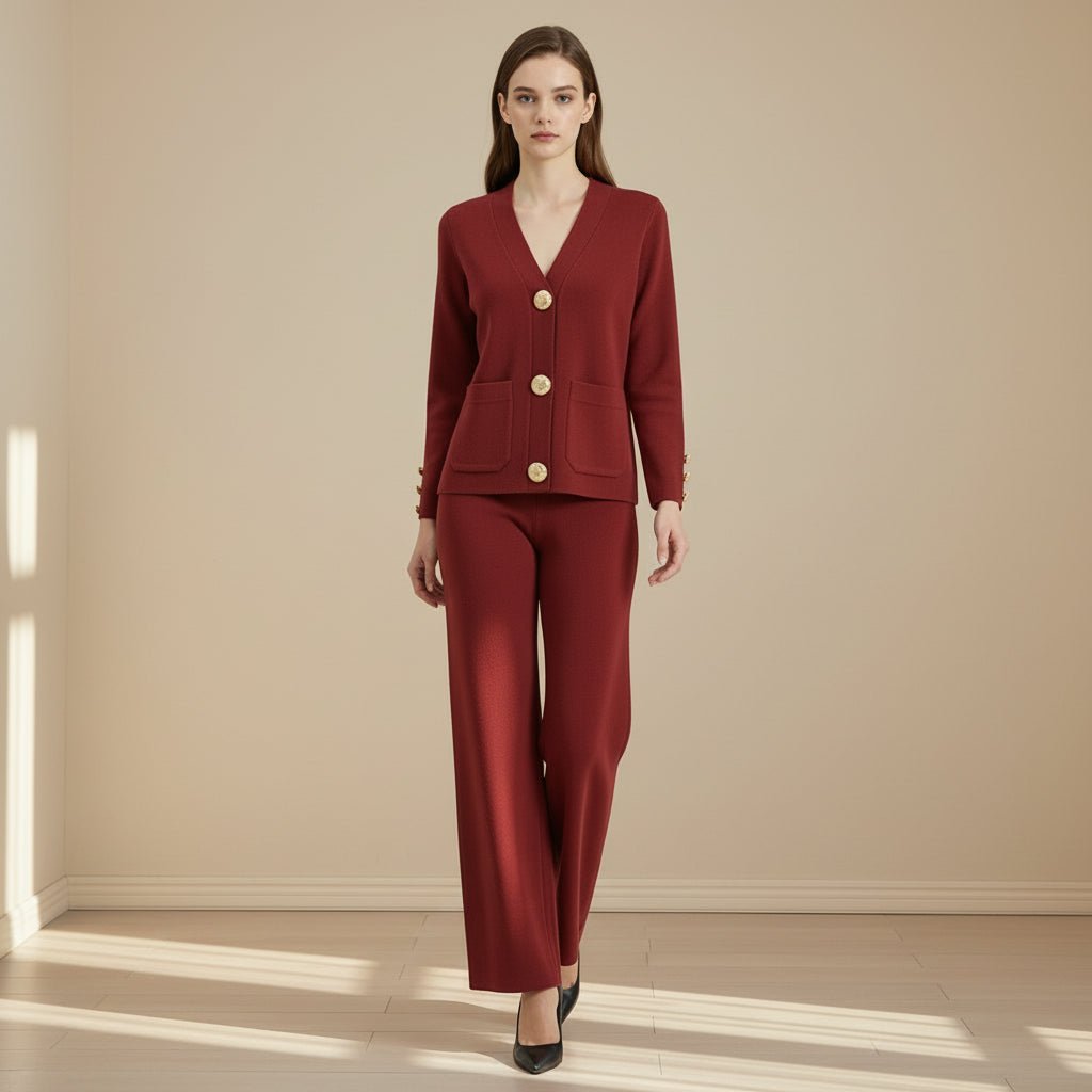 Woman wearing a burgundy suit with gold buttons on a gray background