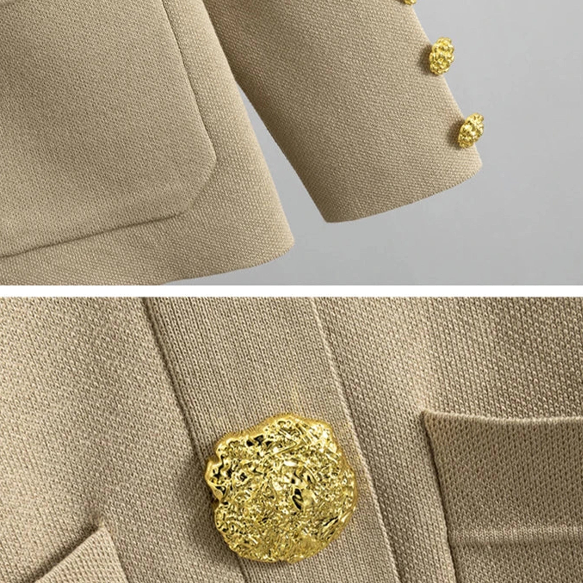 Close-up of a beige coat with gold buttons on a gray background