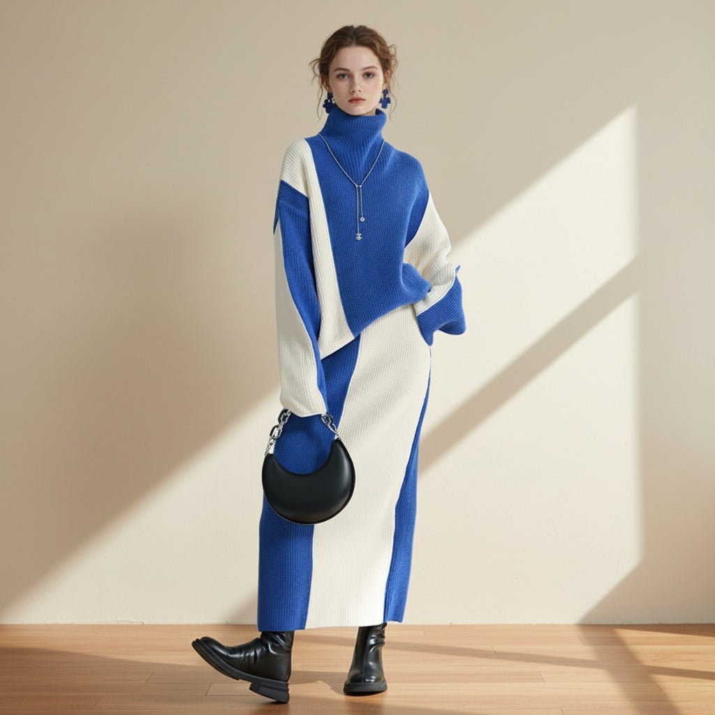 Woman wearing a blue and white sweater with a black handbag on a gray background