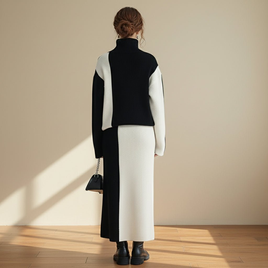 Person wearing a black and white outfit with a plain background