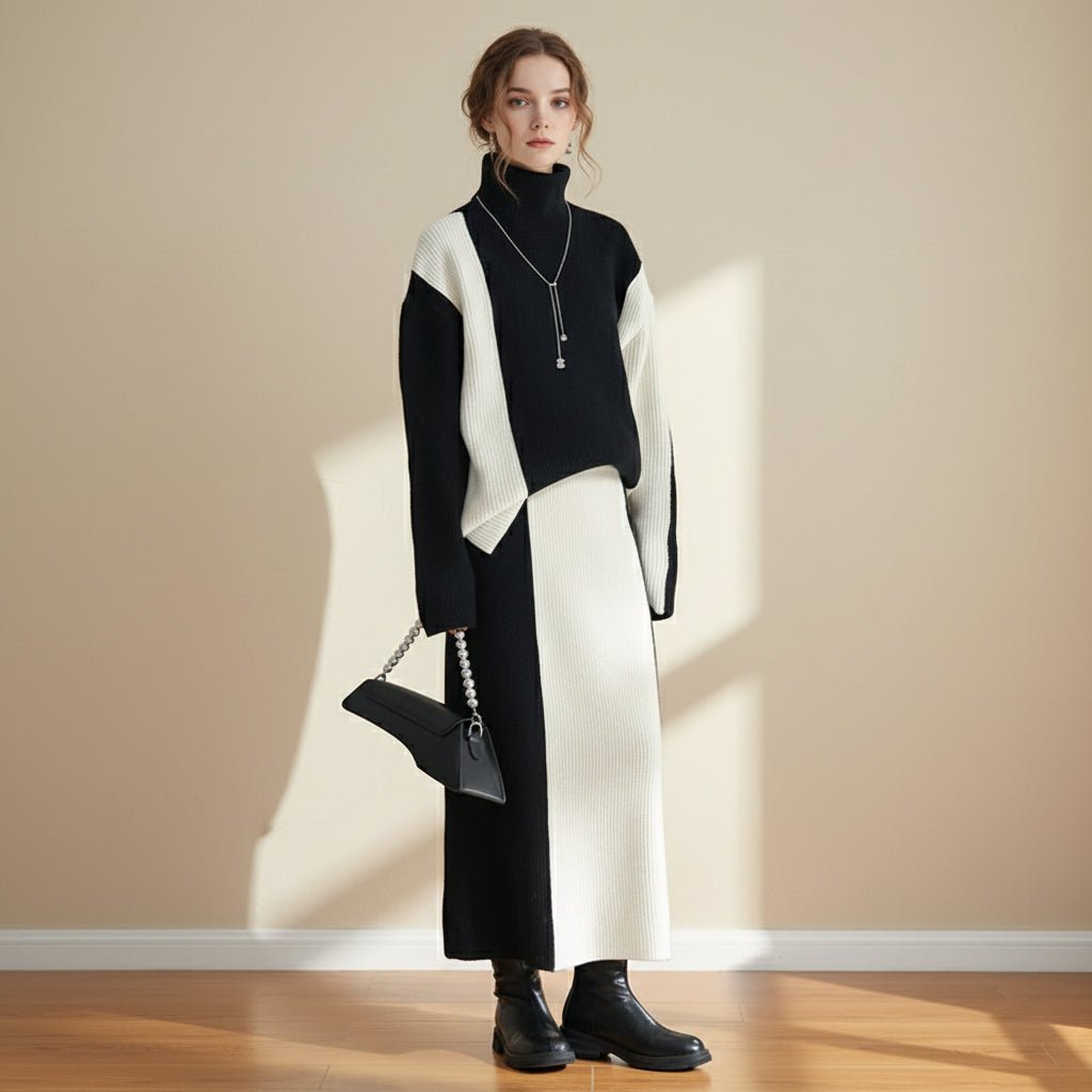 Woman wearing a black and white outfit with a handbag on a gray background