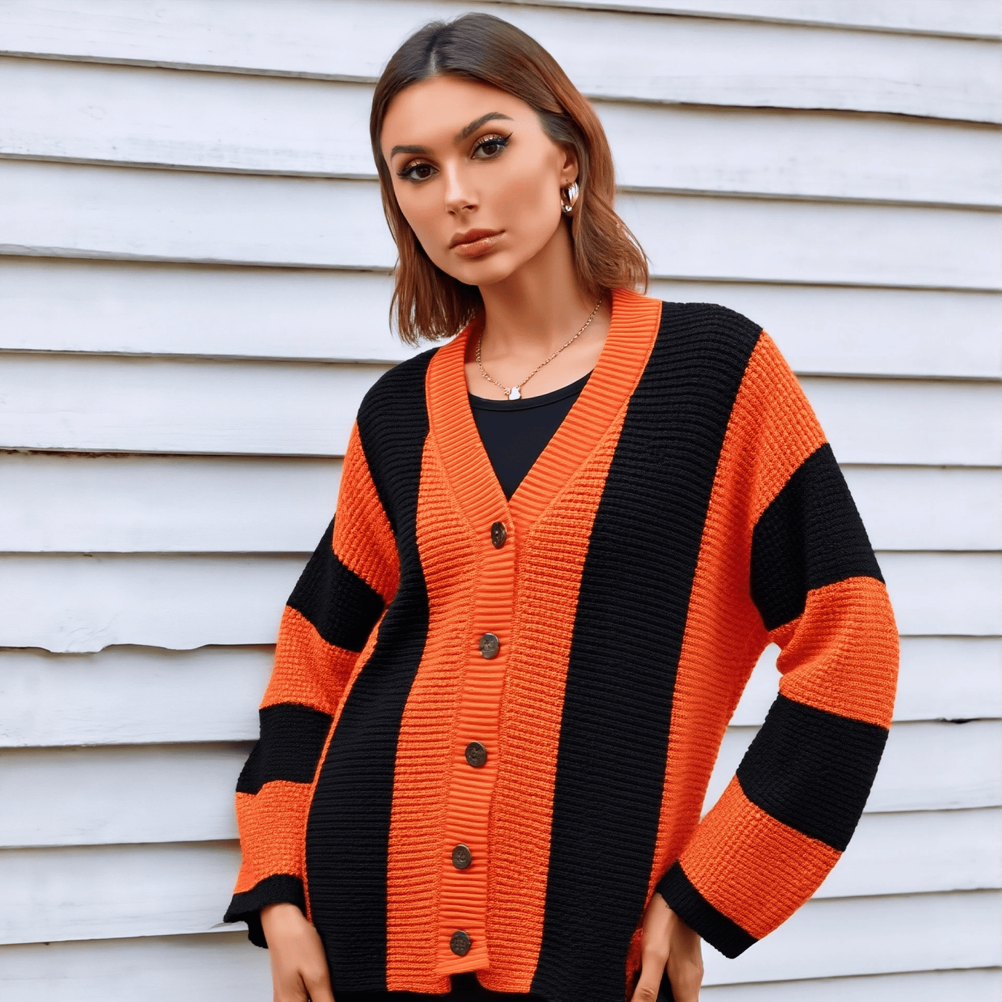 Woman wearing an orange and black striped cardigan against a white wall.