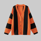Orange and black striped cardigan on a white background