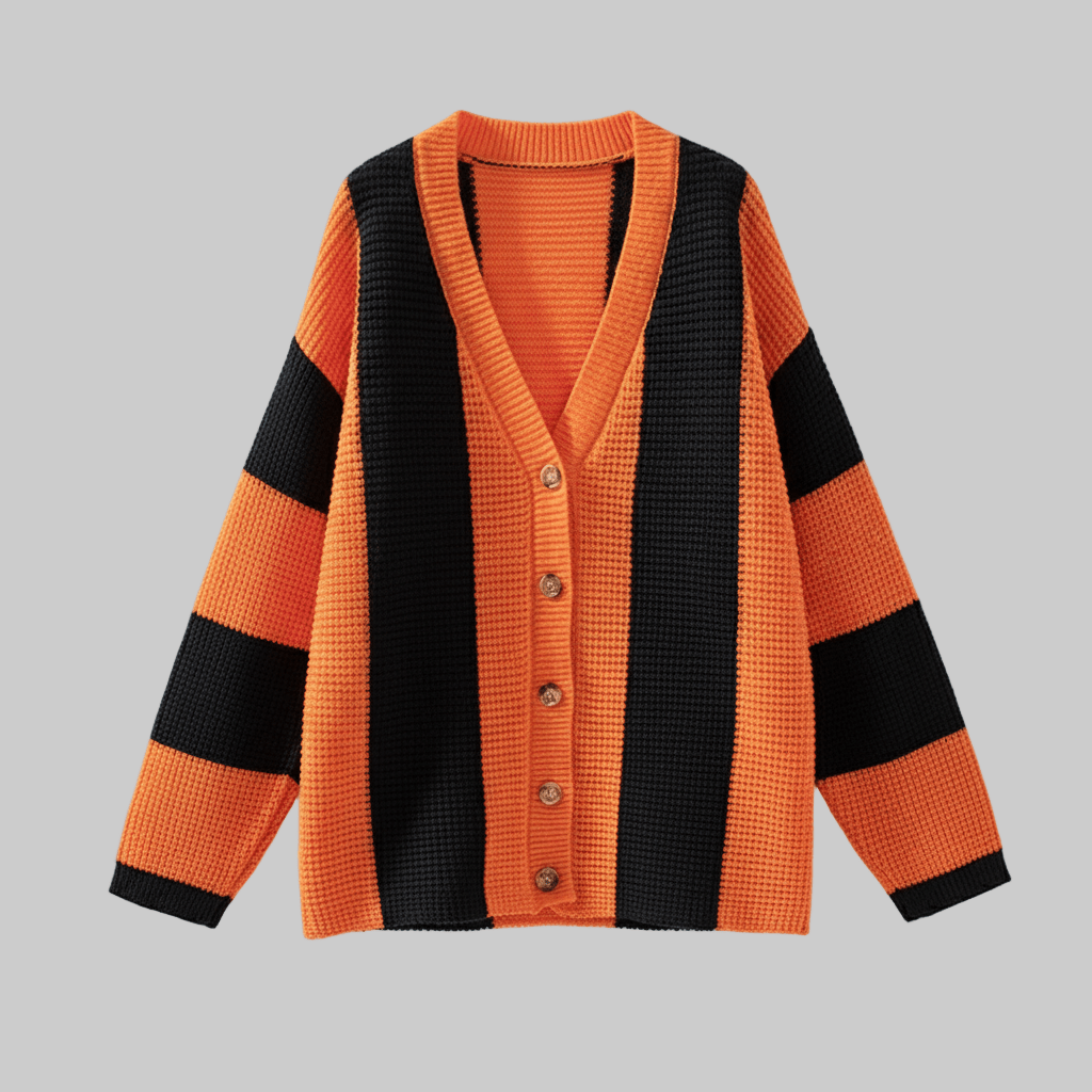 Orange and black striped cardigan on a white background