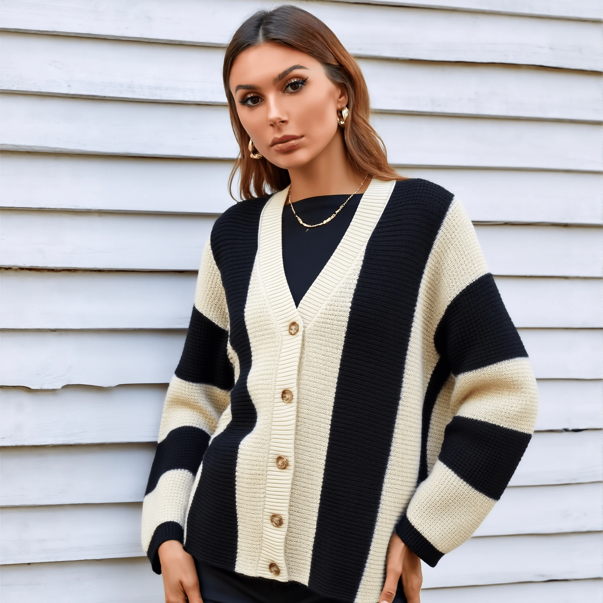Woman wearing a black and white striped cardigan against a white wall.