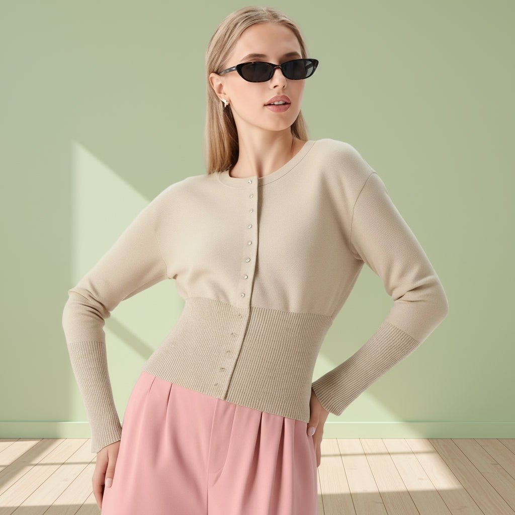 Woman wearing a beige cardigan and pink skirt against a light green wall.