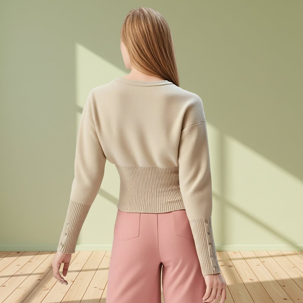 Person wearing a beige sweater and pink pants standing in a room with a light green wall and wooden floor.