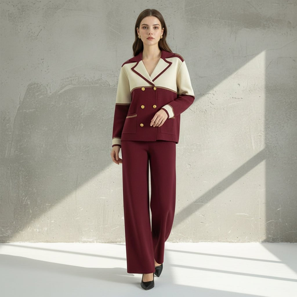 Woman wearing a two-tone suit with a maroon and beige top on a gray background