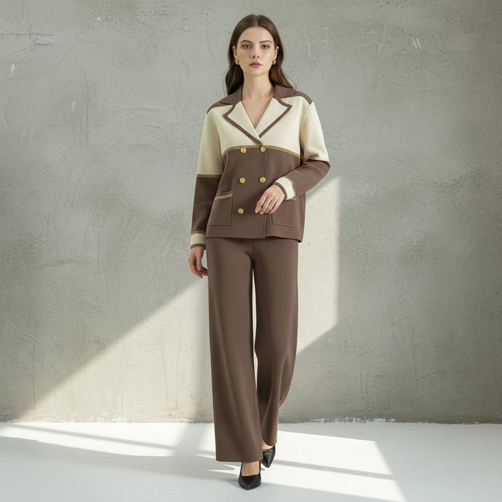 Woman wearing a two-tone suit with a neutral background