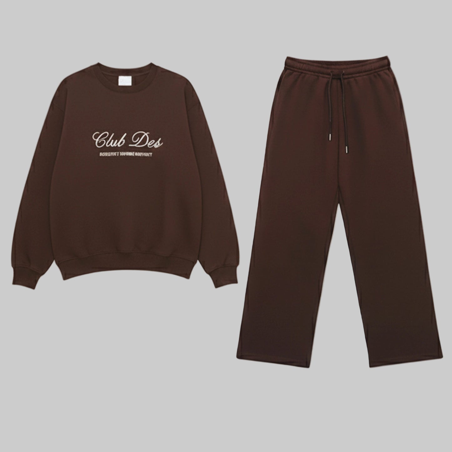 Brown sweatshirt and pants set with 'Club Des' text on a gray background