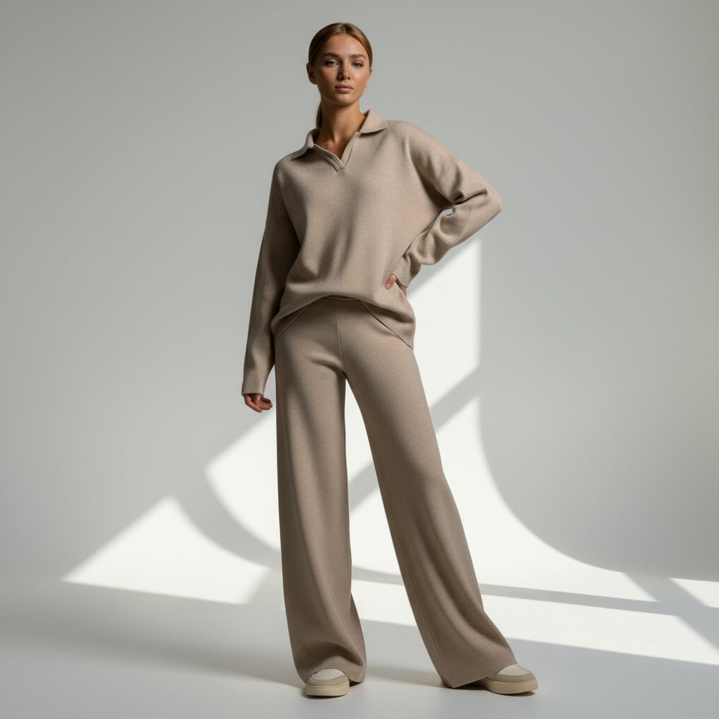 Woman wearing a beige sweater and pants standing against a neutral background