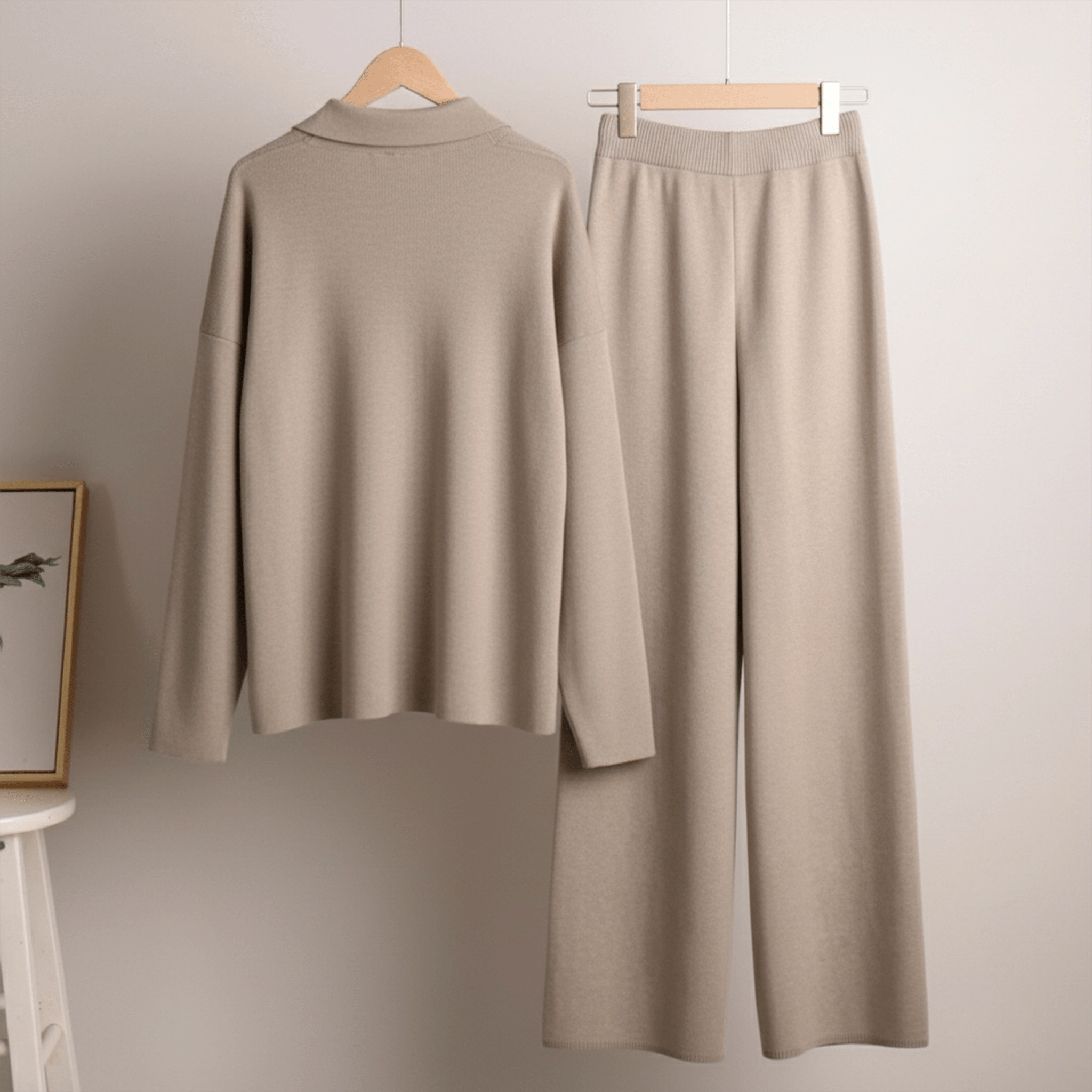 Beige long-sleeve top and wide-leg pants on hangers against a plain wall.