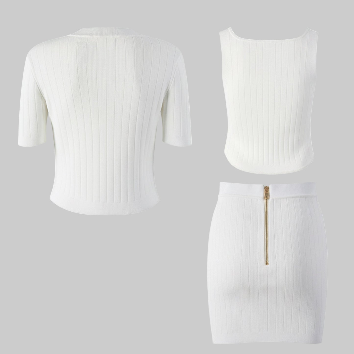 White ribbed crop top and skirt set on a gray background