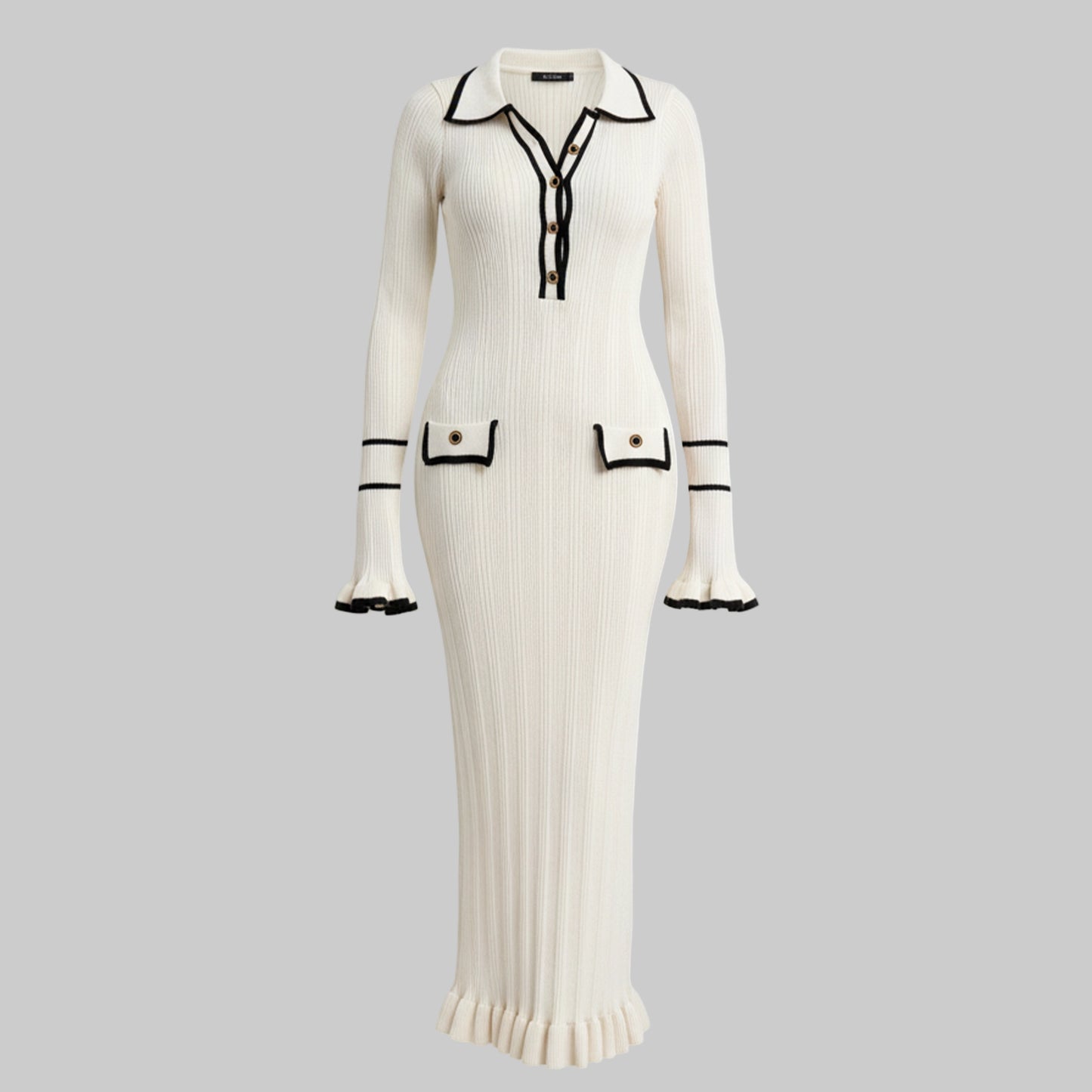 White dress with black accents on a white background