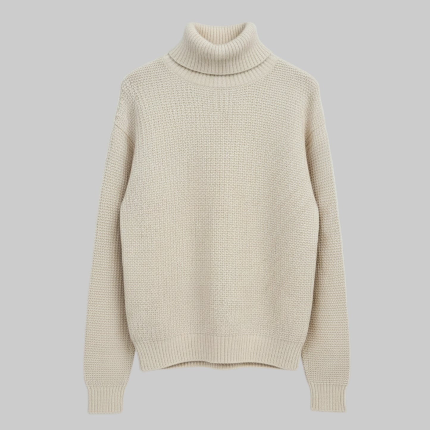 Beige turtleneck sweater on a light gray background