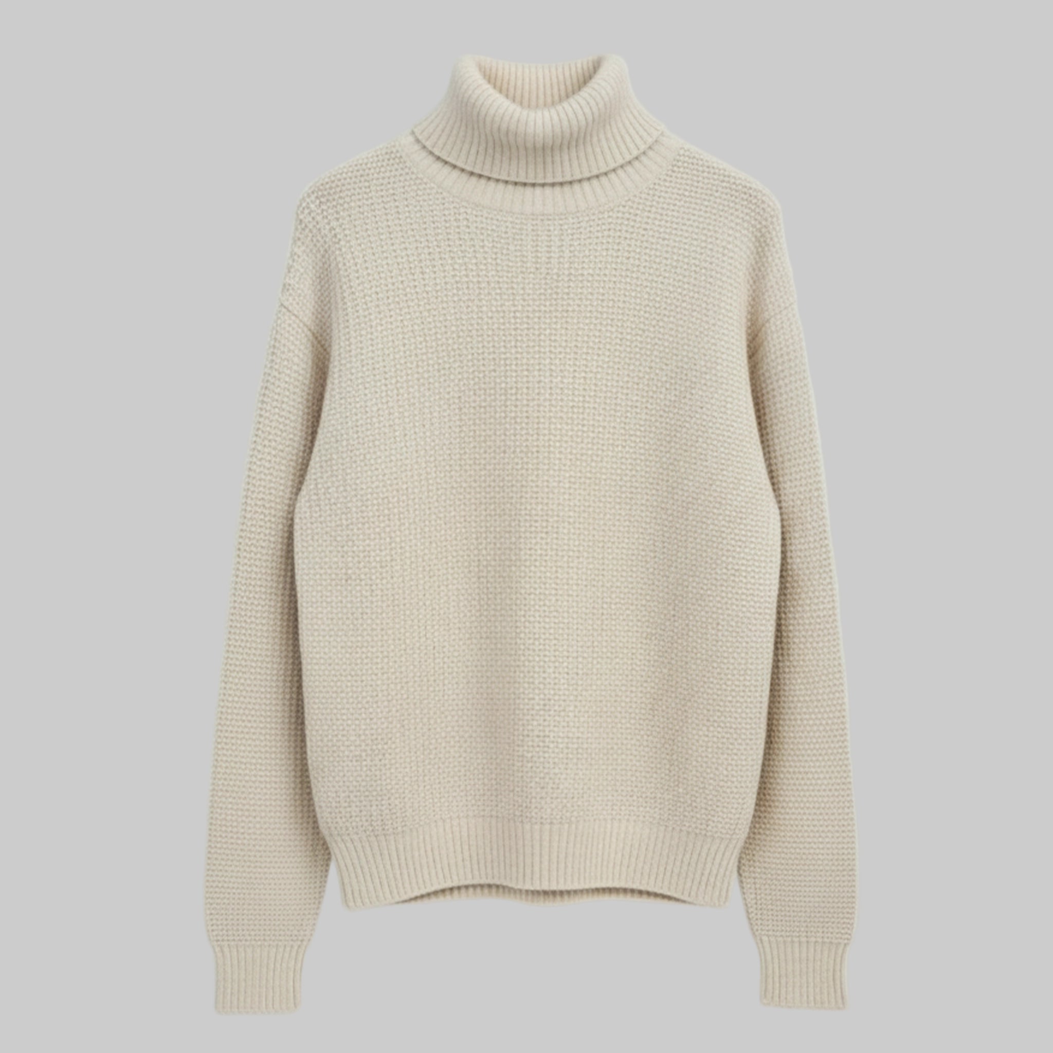 Beige turtleneck sweater on a light gray background