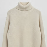 Beige turtleneck sweater on a light gray background