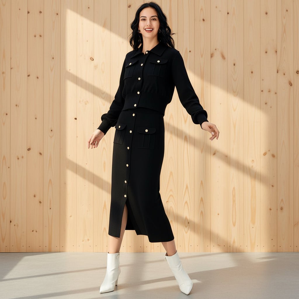 Woman wearing a black outfit with gold buttons on a gray background