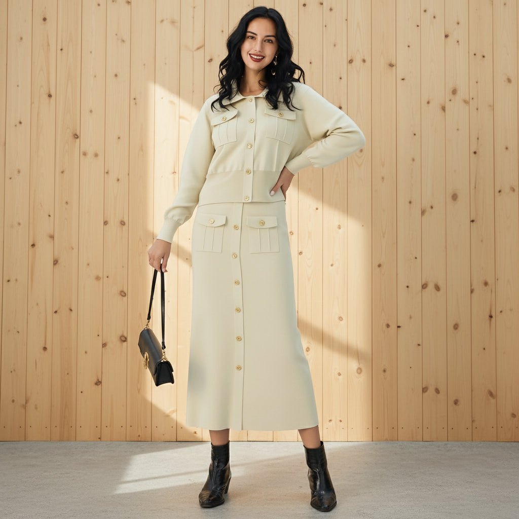 Woman wearing a beige coat holding a black handbag on a gray background