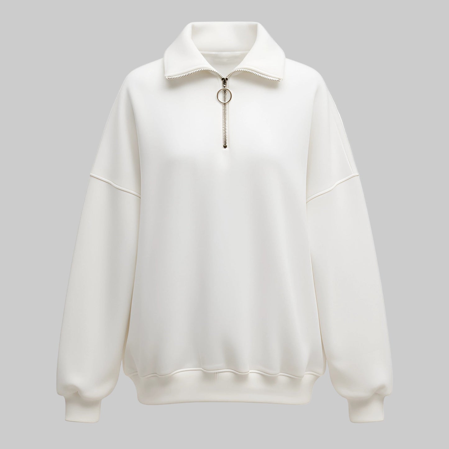 White sweatshirt with a high collar on a gray background