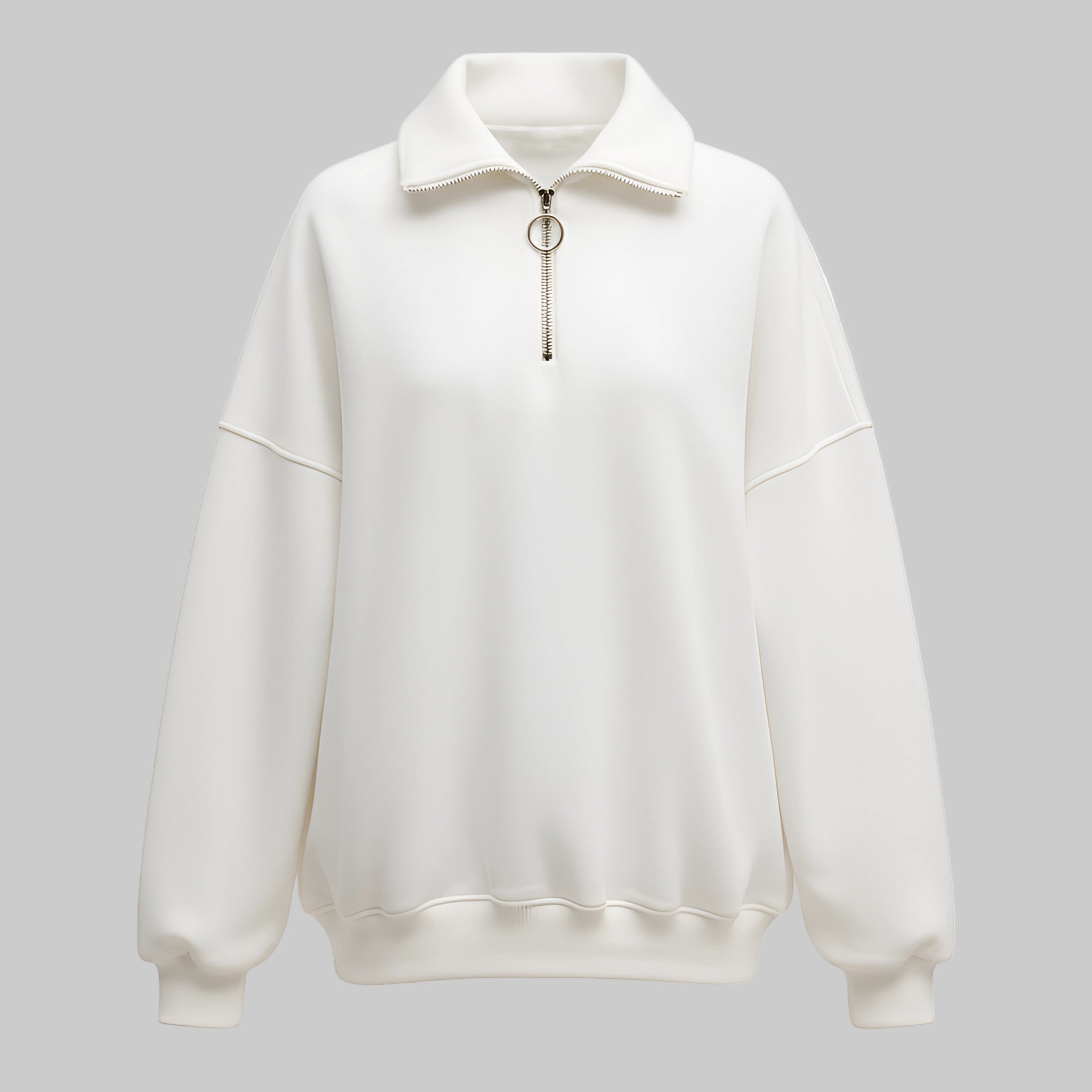 White sweatshirt with a high collar on a gray background