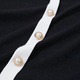 Close-up of a black garment with white trim and pearl buttons.