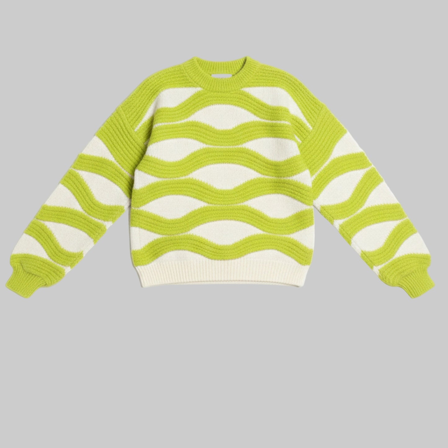 Green and white striped sweater on a gray background