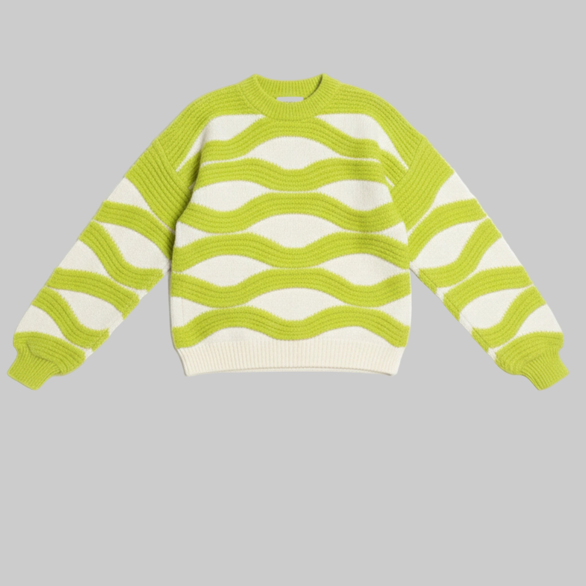 Green and white striped sweater on a gray background