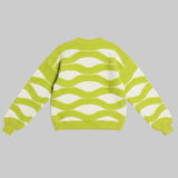Green and white striped sweater on a gray background
