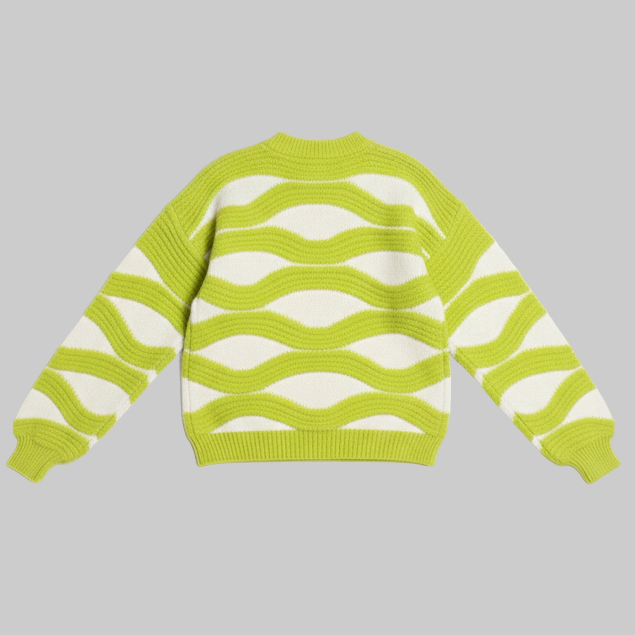 Green and white striped sweater on a gray background