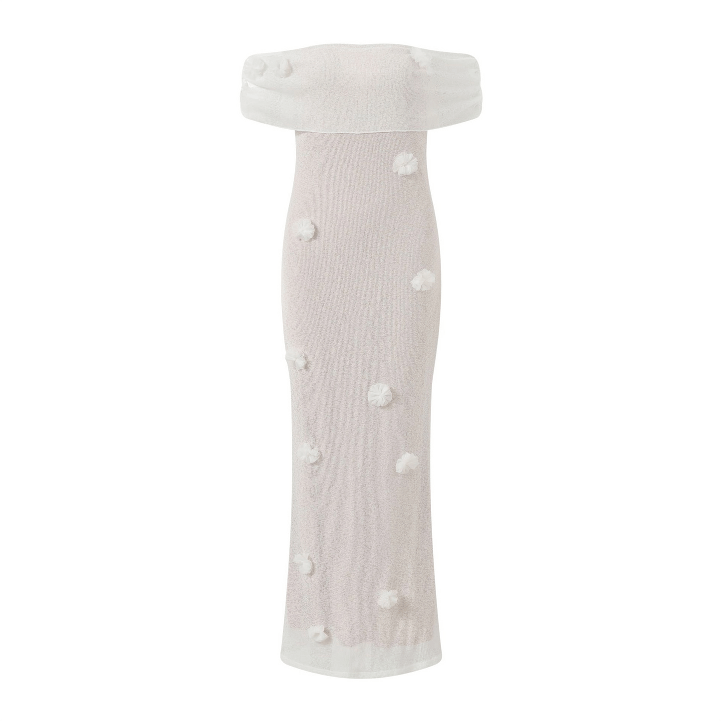 White off-shoulder dress with pearl embellishments on a white background