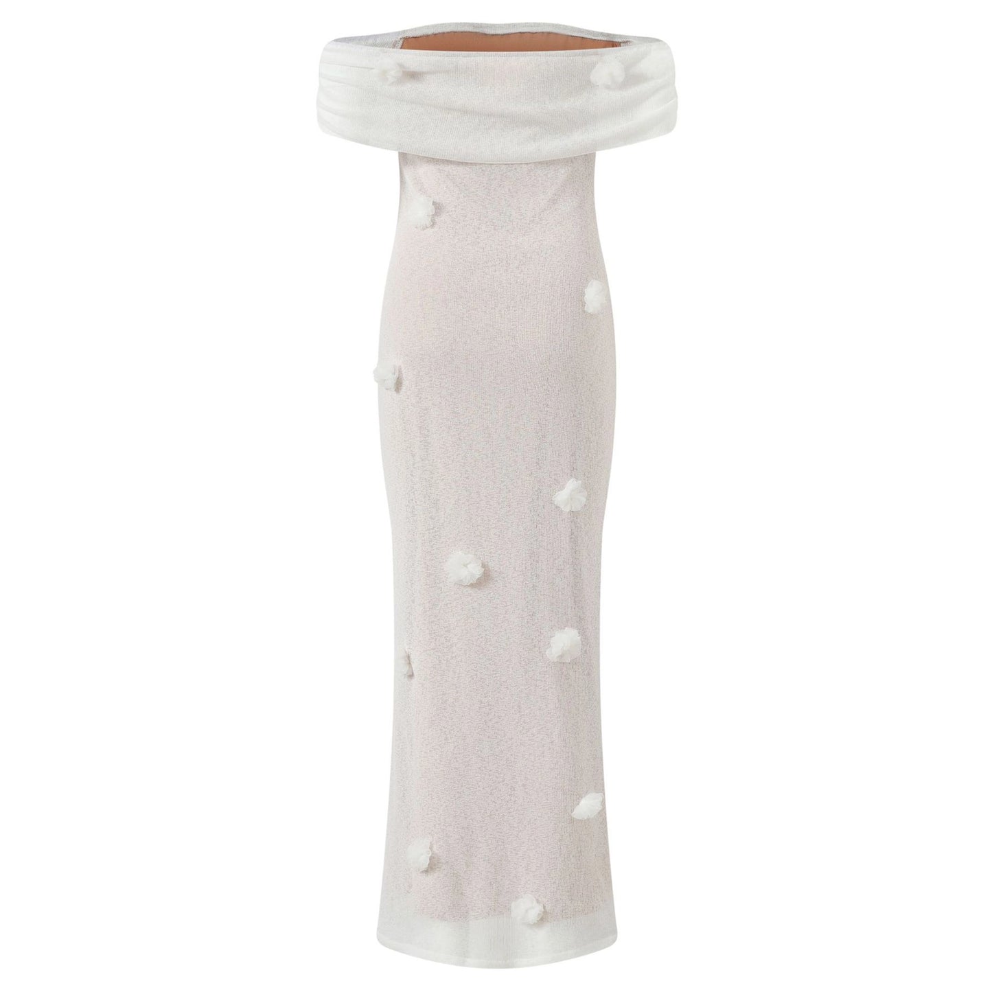 White off-shoulder top with polka dots on a white background