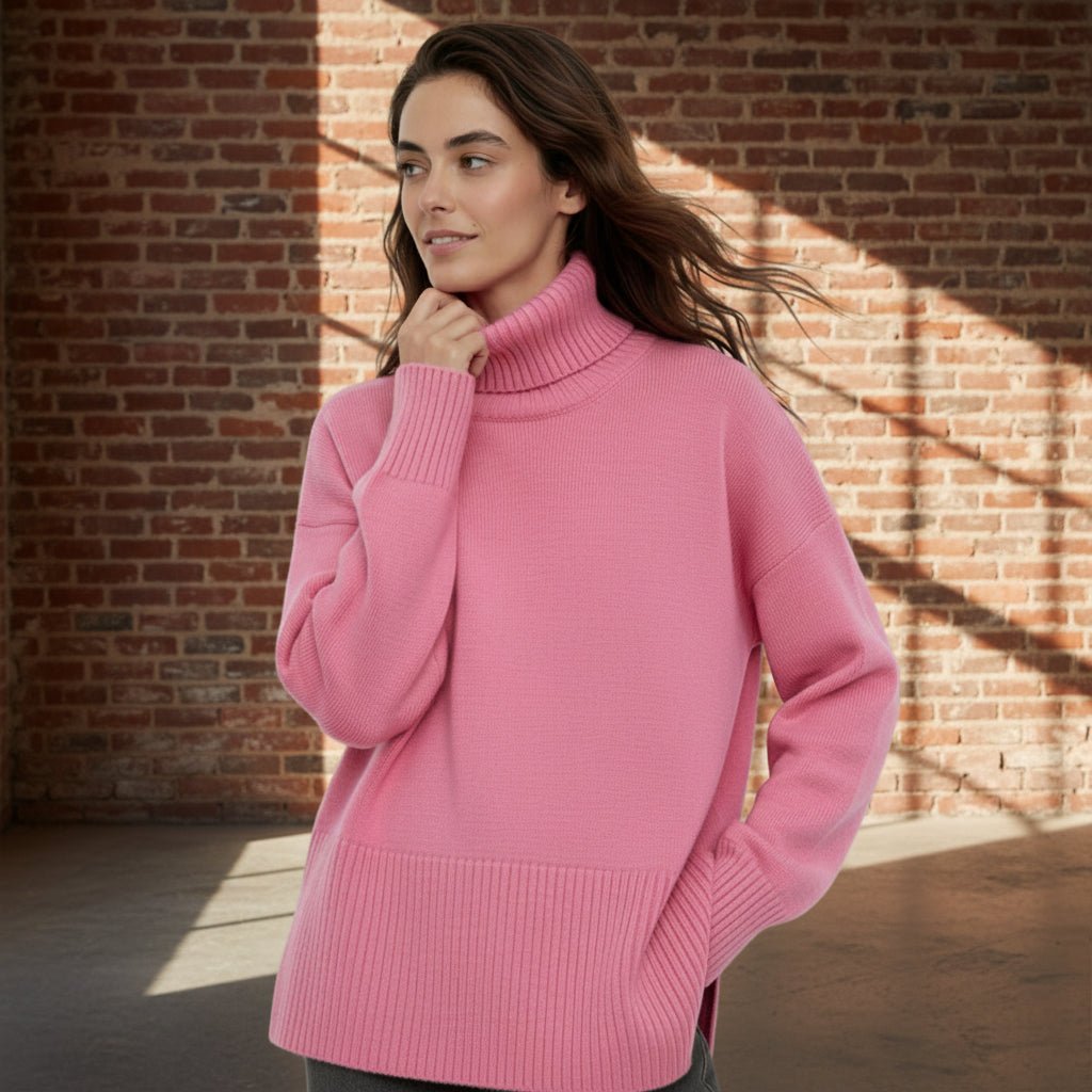 Woman wearing a pink sweater on a plain background
