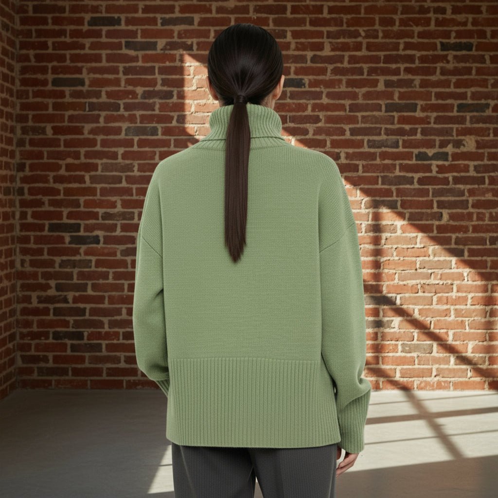 Person wearing a green sweater from behind on a gray background