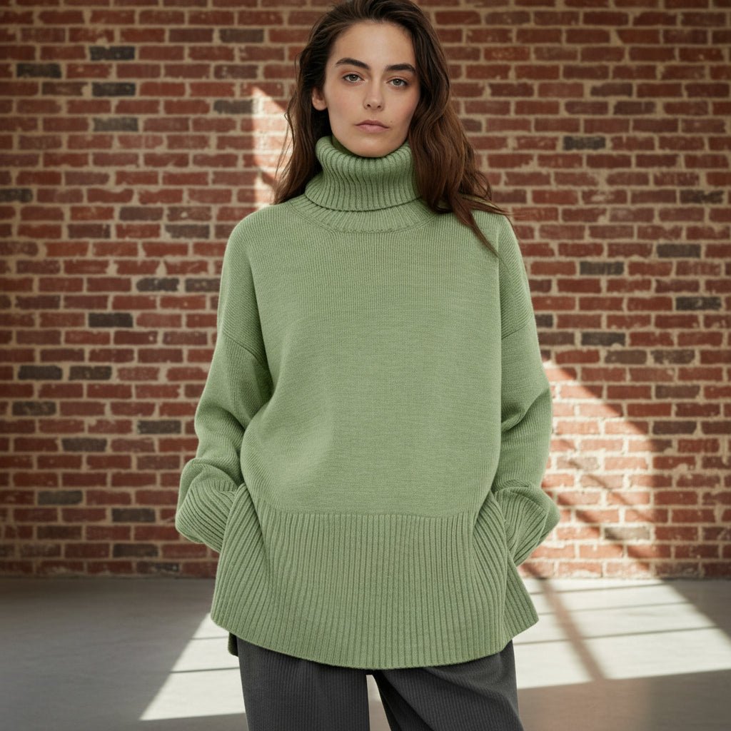 Person wearing a green sweater on a plain background
