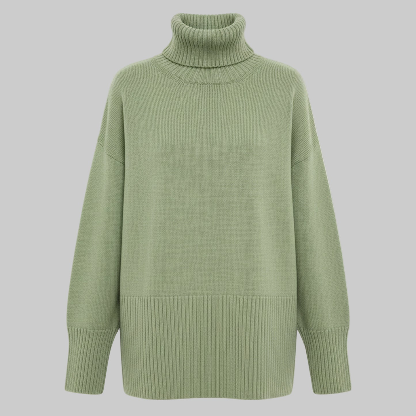 Green turtleneck sweater on a white background